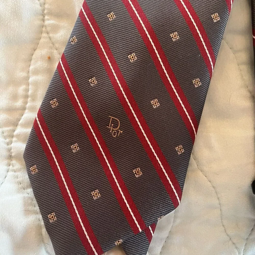 Christian Dior Paris New York 100% Silk Neck Tie Red Pewter Diagonal Stripe EUC
